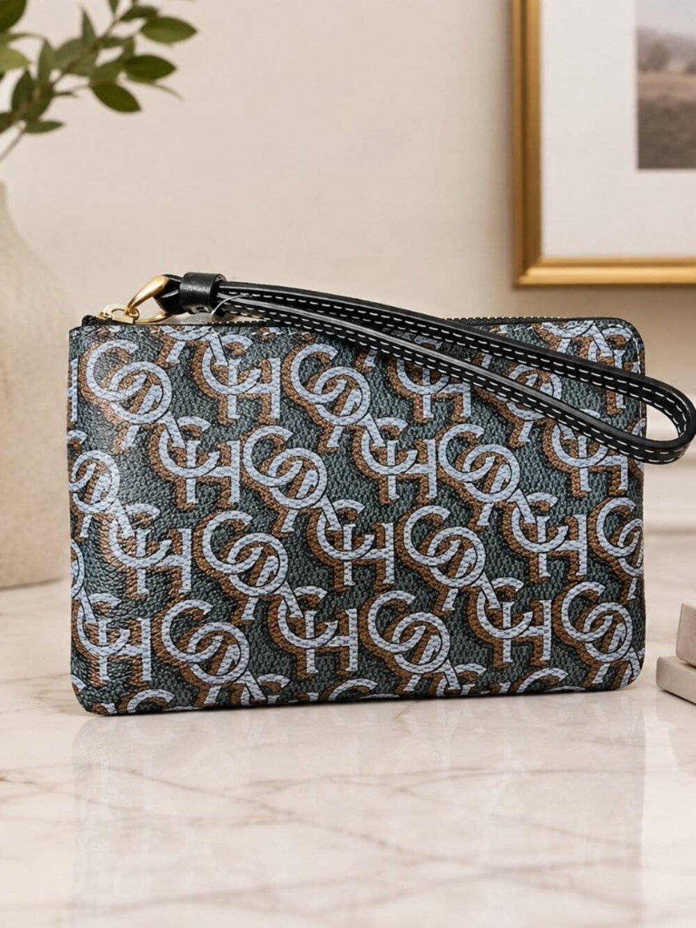 Coach Navy Monogram Corner Zip Wristlet Gold Hardware NWT